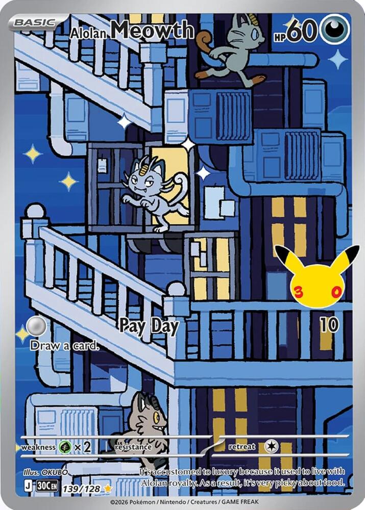 Alolan Meowth 139/128 Illustration Rare (IR) Pokémon 30th Celebration